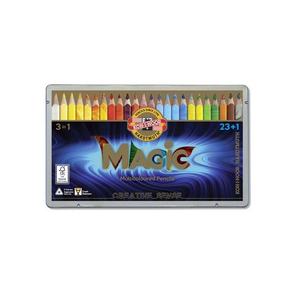KOH-I-NOOR Набор пастельных цветных трехгранных карандашей Magic 3408 в металлической коробке, с карандашом-блендер, 24 цвета
