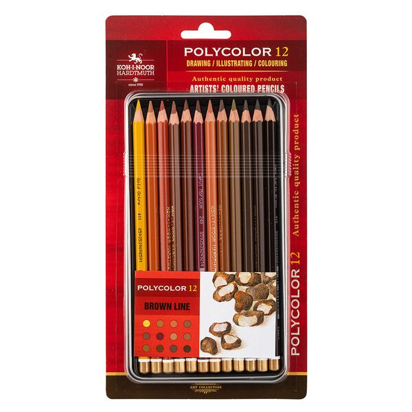 KOH-I-NOOR Набор карандашей художественных цветных Polycolor 3822,  BRAUN LINE, металл.коробка в блистере с подвес, 12 цветов