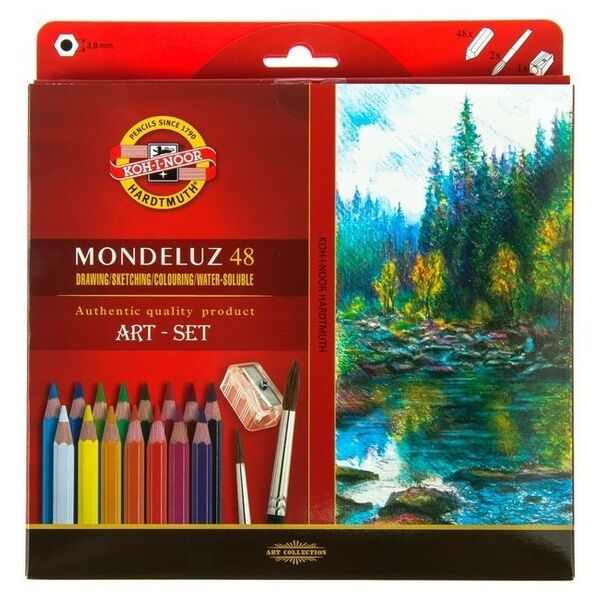 KOH-I-NOOR 3713 (48) Набор высококачественных акварельных цветных карандашей MONDELUZ NATURE, с кистью и точилкой, картон.упак. с подвесом, 48 цветов